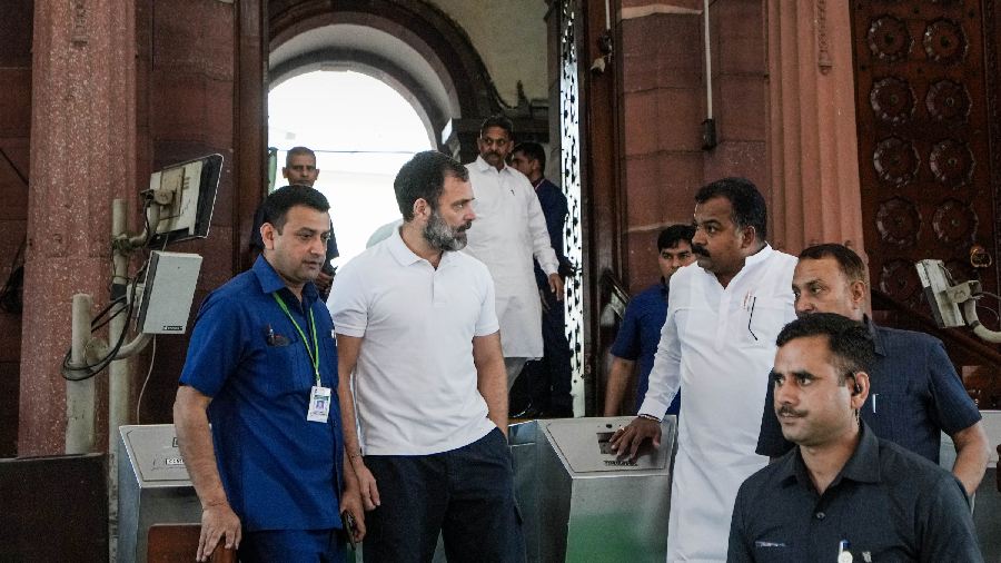 Congress leader Rahul Gandhi leaves from Parliament House complex, in New Delhi. 