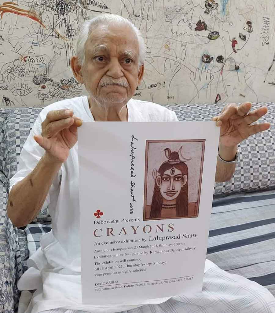 Artist Laluprasad Shaw on Friday released a poster of his upcoming exhibition at Debovasha Art Gallery. The exhibition is scheduled to take place between March 25 and April 13