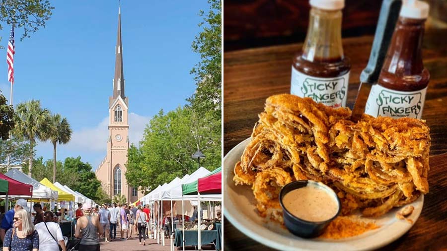 The Charleston farmers market and (right) a hearty Southern-style portion of a side of onion loaf
