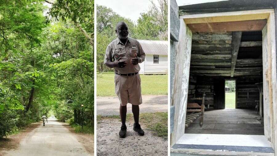 Joe (centre) leads the Slavery to Freedom Tour at the plantation (left); one of the slave cabins on the property (right) 