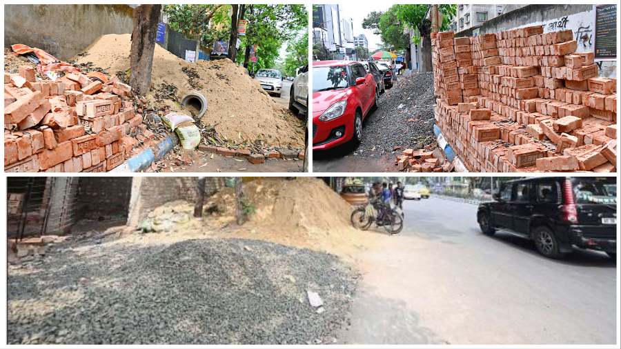 Construction materials dumped along the Prince Anwar Shah Road connector, near Kalikapur, on Friday and (above) Rajdanga Main Road on Monday