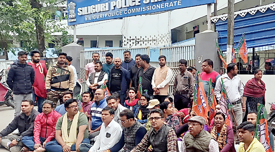 BJP supporters demonstrate in front of Siliguri police station on Friday.