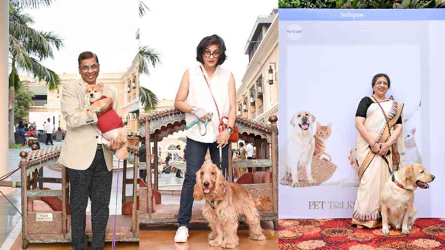 (l-r) Rajesh Kabra with his furbaby, Meeta Ghosh with her furball, Danseuse Tanushree Shankar struck a pose with her pooch