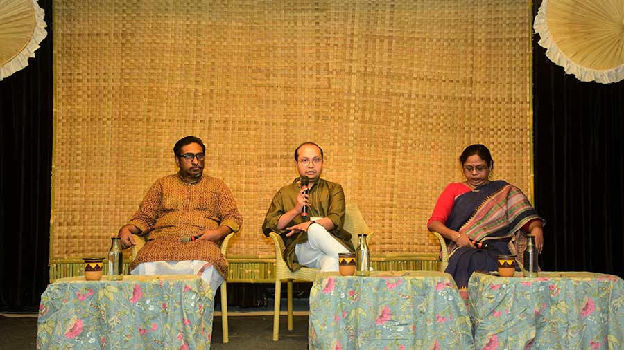 Abhra Bose, Sukalyan Chanda and Shreela Basu during the Bengali session ‘Banglar Terracotta Mandir’