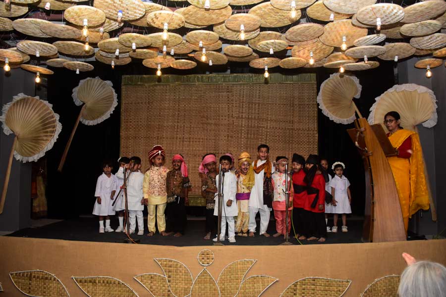 The children of the Mongrace Montessori House, Santiniketan, put up a dramatised performance of Tagore’s Juta Abishkar on the second day of the Nabanna Earth Weekend