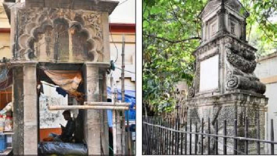 The dilapidated Prince of Wales commemorative arch at Fairlie Place; (right) the McDonnel’s Fountain near Calcutta High Court in need of repairs