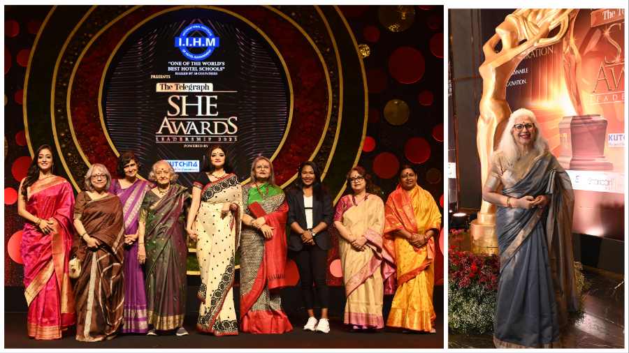 The winners of The Telegraph She Awards 2023 — (L-R) Raima Sen (Films), Shanta Ghosh (Lifestyle Entrepreneur), Tapati Guha-Thakurta (She for Bengal), Bharati Ray (Education), Sohini Roychowdhury (Dance), Pramita Mallick (Music), Swapna Barman (Sports), Yashodhara Ray Chaudhuri (Literature), Swarna Chitrakar (Creative Art), and Dolly Basu (Theatre)