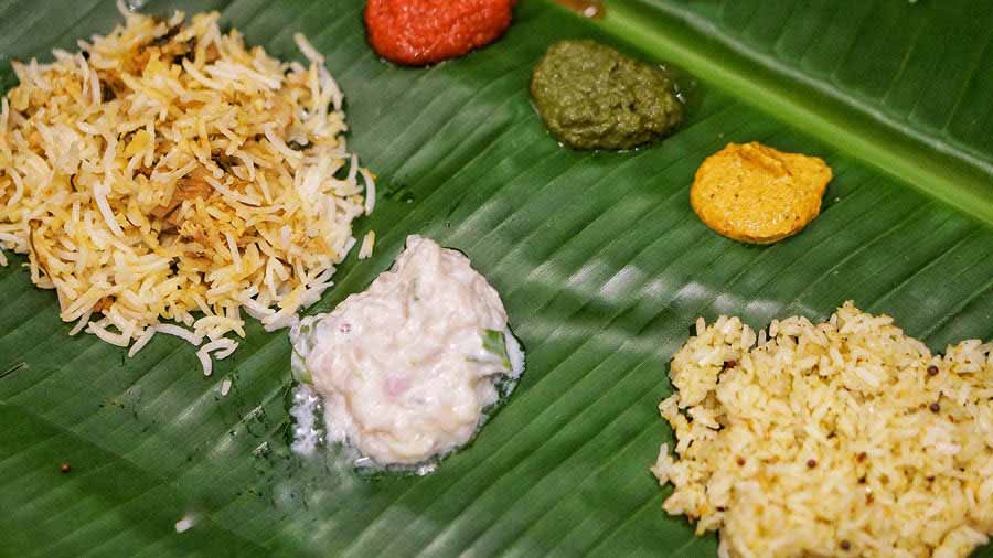Jackfruit Biryani, Curry Leaf Podi Rice and Chow Chow Raita