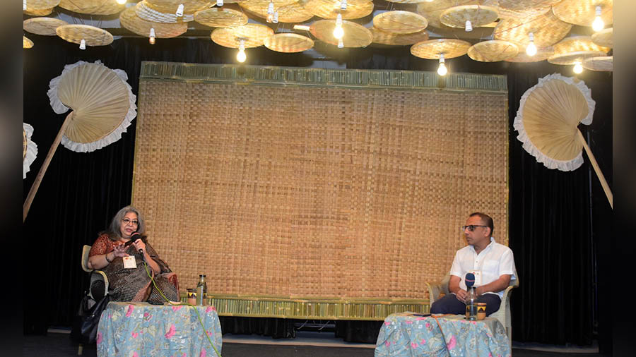 Anjum Katyal (left) and Arunava Sinha during the session ‘Jal/Pani = Water’ 