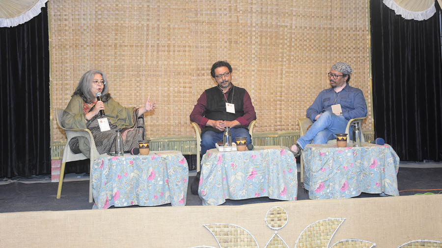 (From left) Anjum Katyal, Anshuman Dasgupta and Supriyo Sen discuss the confluences of culture, religion, art and cinema 