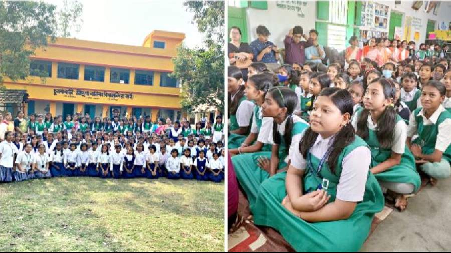 Students of Chunkhabari Sridurga Balika Vidyamandir and The BSS School on Saturday; Students of Thakurnagar Nanda Mahila Vidyapith