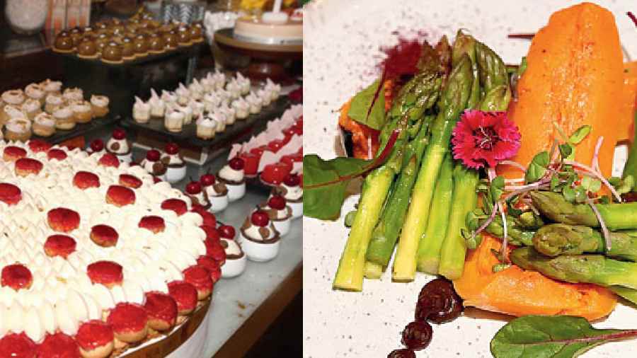 (l-r)The dessert counter was a major hit, and hitting it out of the park was this St. Honore that was a melange of berries, custard and flaky pastry, Thyme-scented Butterbut Squash and Asparagus with Black Garlic