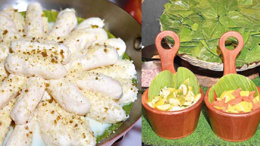 (l-r) Malai Cham Cham was a popular Bengali mishti that graced the menu, Betel Leaf Chaat counter