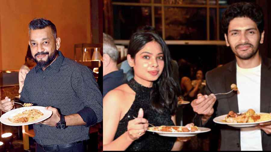 (l-r) Satrajit Sen relishes some Thai grub, Arjun Chakrabarty with wife Sreeja