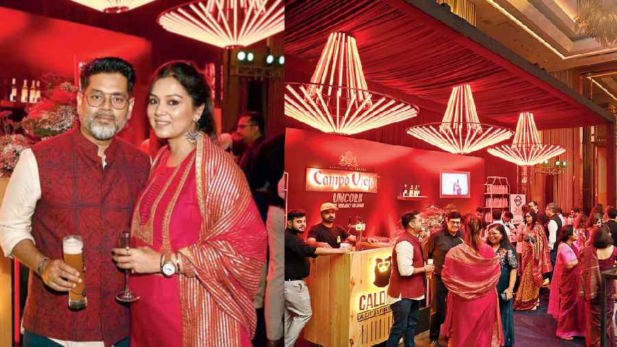 (l-r) Designer Sayantan Sarkar strikes a pose at the Caldera bar station with Olivia Sinha Roy, The Campo Viejo bar was packed to the rafters