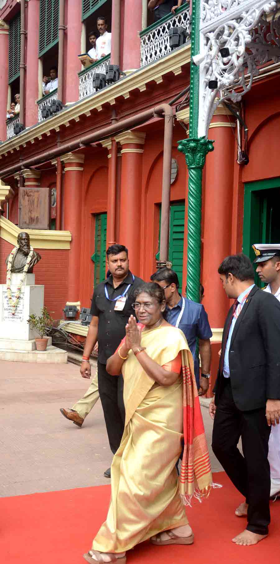 President Murmu at Jorasanko Thakurbari, the ancestral house of Nobel Laureate Rabindranath Tagore. President Murmu said she was deeply touched after visiting Tagore's ancestral house in north Kolkata. Murmu went around the rooms where Tagore was born, where he breathed his last and where he spent most of his time in and expressed awe over the preservation of the centuries-old structure, Registrar Subir Moitra of Rabindra Bharati University, which is housed on the premises, said. RBU authorities gave her four publications of Tagore and a photograph of his. Murmu, who was accompanied by Governor C V Ananda Bose, was greeted at the Jorasanko Thakurbari by state ministers Bratya Basu and Sashi Panja