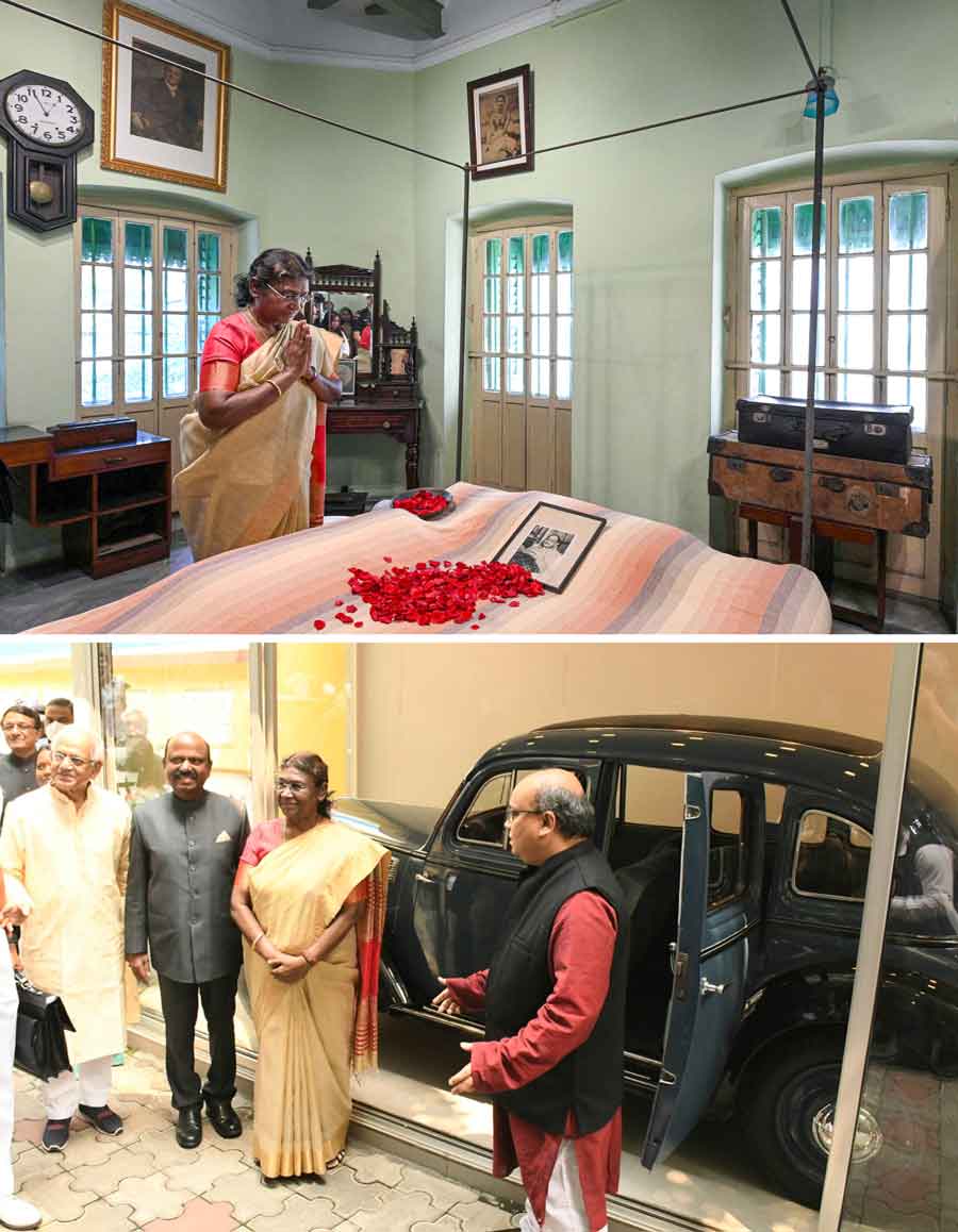President Murmu with West Bengal Governor CV Ananda Bose and grand nephew of Netaji Subhas Chandra Bose, Sumantra Bose, near the historic Wanderer car in which Sisir Kumar Bose drove his uncle Subhas Chandra Bose from Calcutta to Gomah in 1941, popularly known as the 'Great Escape'. President Murmu paid tribute to Netaji during a visit to Netaji Bhawan, in Kolkata on Monday. The president went to Netaji's study, his bedroom and 'The Great Escape staircase' which Netaji had used to come downstairs where his nephew Sisir Bose had parked the Wanderer for him to escape