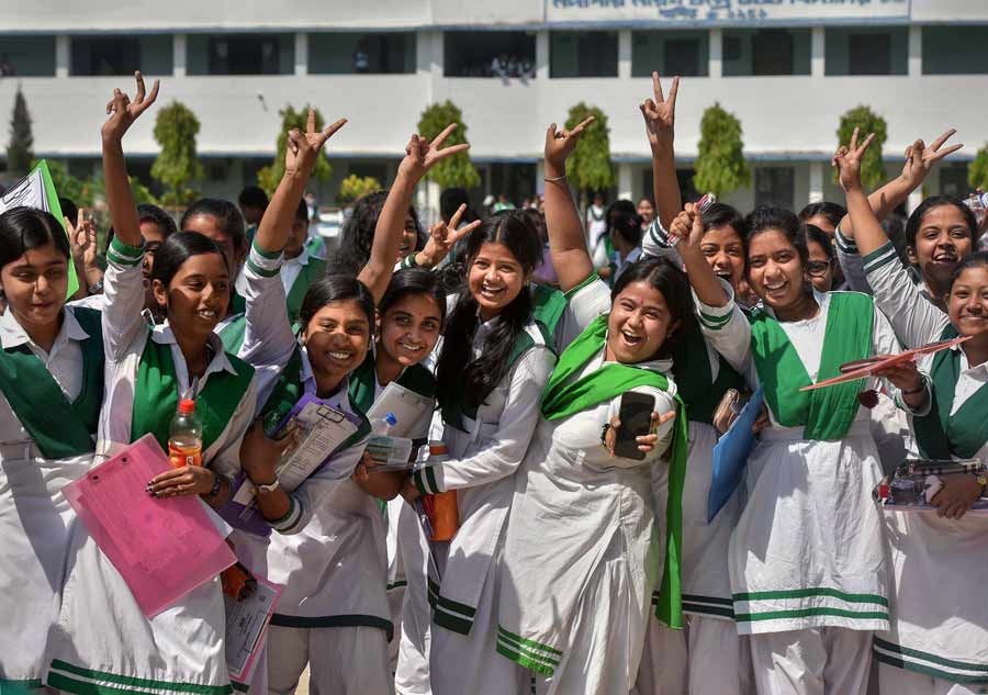 Class XII students jubilate on completion of their West Bengal Council of Higher Secondary Education (WBCHSE) exams, in Balurghat, on Monday 