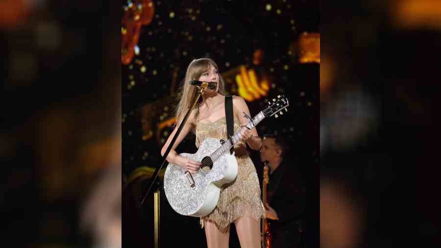Swift is a seasoned stage performer and the seamless transitions between the eras are a testament to this. For her Fearless era, she opted for this gold custom Roberto Cavalli piece on day one that harks back to her original Fearless tour dress from 2009-10, with shimmering fringes that moved while she did her iconic Fearless twirl!