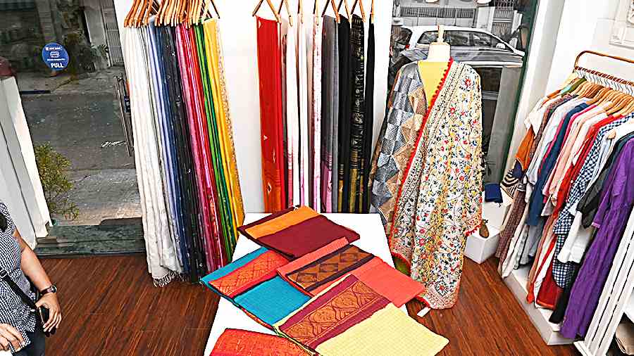 Pieces from the new collection of vibrant south cotton saris.