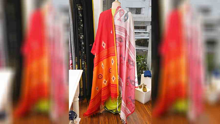 A display of cotton kantha sari at the store.