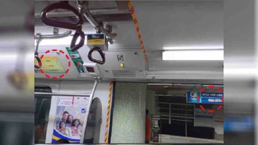 A display panel on a Metro train says the station is Dum Dum when the train            stopped at Mahatma Gandhi Road station on March 21