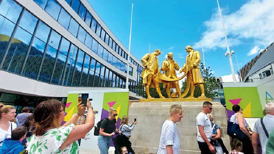 The statue of The Golden Boys of Birmingham, Matthew Boulton, James Watt and William Murdoch, at the city centre.