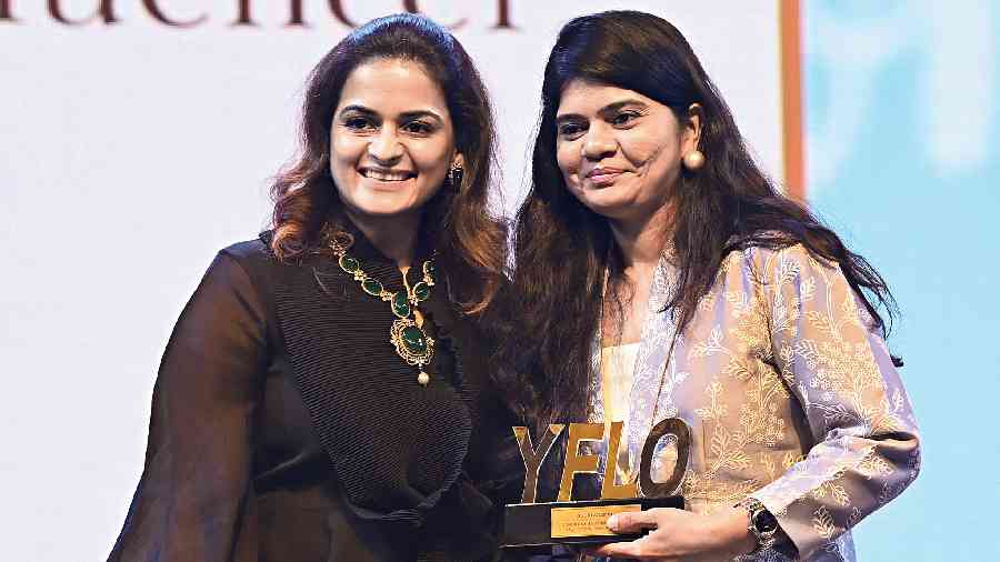 Suchi Agarwal (right), creative head at Suchi U Agarwal design studio, won the special award for Digital Influencer from Shefali Rawat Agarwal (left), past chairperson of 2020-21. “I have always felt that women should be tech savvy which empowers women as tech is the only meansto grow further. The award has motivated me to reach out to more women and encourage women towards digital learning and application in the simplest manner,” said Suchi.