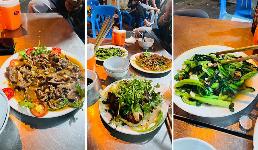 Stir fries on the sidewalk: The Old Quarter of Hanoi is dotted with eateries around every corner. With low-seating stools and tables laid out on the sidewalks, you absolutely cannot miss out on the stir-fries and grilled foods. From (left) stir-fried beef with mushrooms to (right) stir-fried greens, every dish is delicious, especially when paired with a side of sticky rice. The beef is tender while the (centre) roasted pork short ribs are juicy and fall off the bone with no resistance. Ask for a topping of fresh herbs, if not given already, and order a beer to sip on — you’ve got a pocket-friendly dinner worth remembering