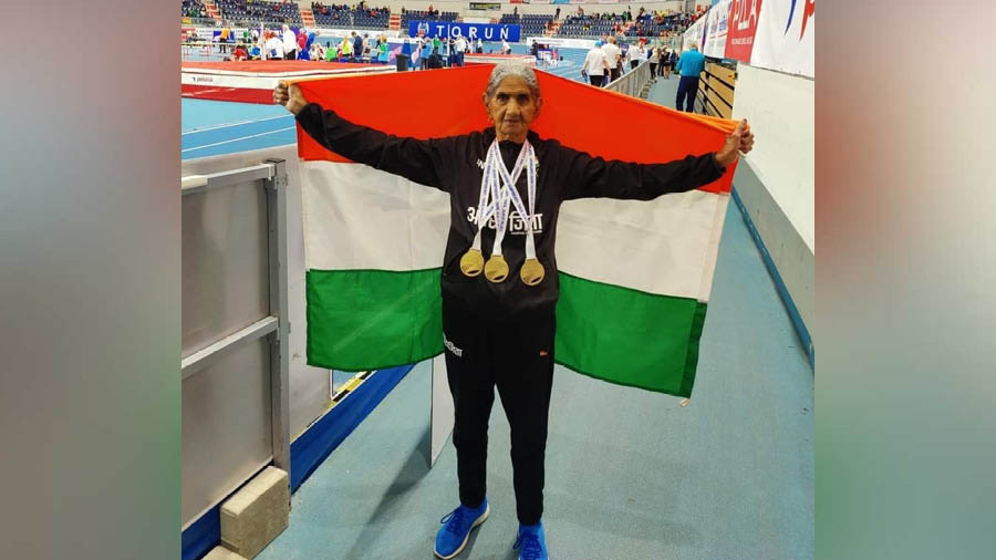 Bhagwani Devi Dagar with her three gold medals for India in Poland’s Torun   