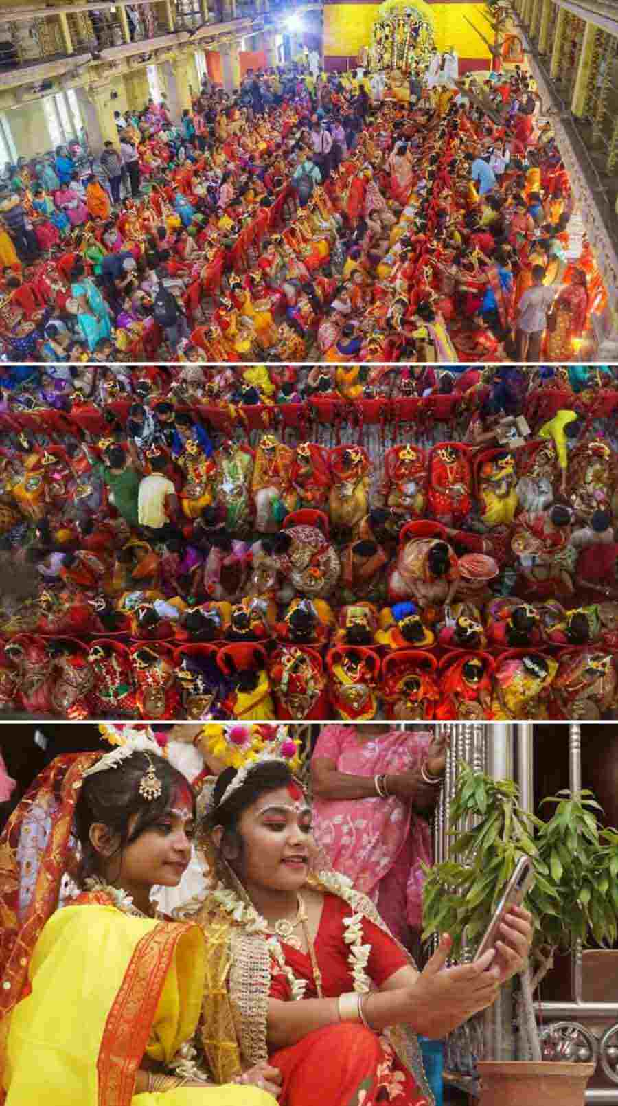 Young girls being worshiped as a part of Kumari puja during Basanti puja at Adyapith on Thursday. Around 2,000 young girls participated in Kumari puja this year  