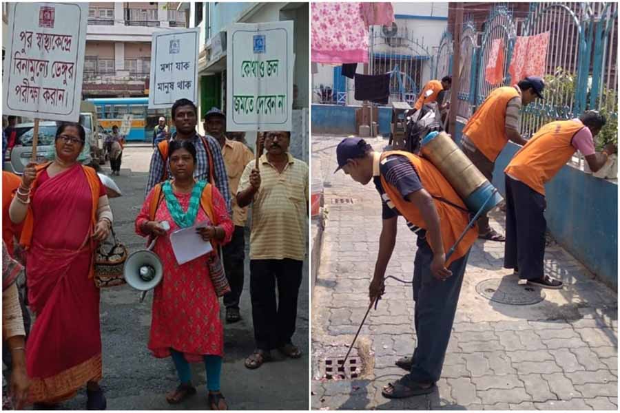 Kolkata Municipal Corporation workers of the vector control team & SWM department across the city carried out an awareness drive against vector-borne diseases. They also cleaned the surroundings and sprinkled disinfectants  