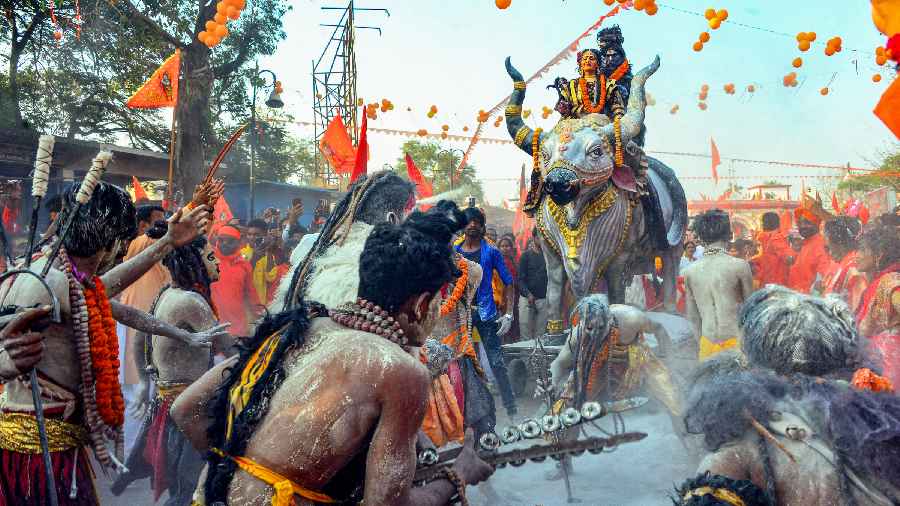 Devotees participate in a procession on the occasion of Ram Navmi, at Jagdalpur in Bastar district