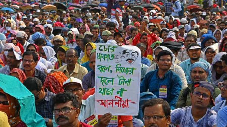 A placard, protesting the CM’s remarks, on the Shaheed Minar grounds in Calcutta on Thursday