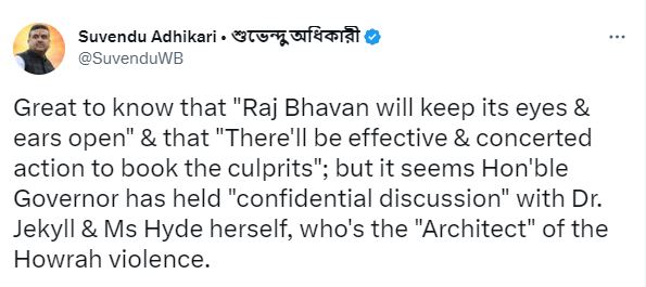 Suvendu Adhikari's response to Raj Bhavan statement on Twitter