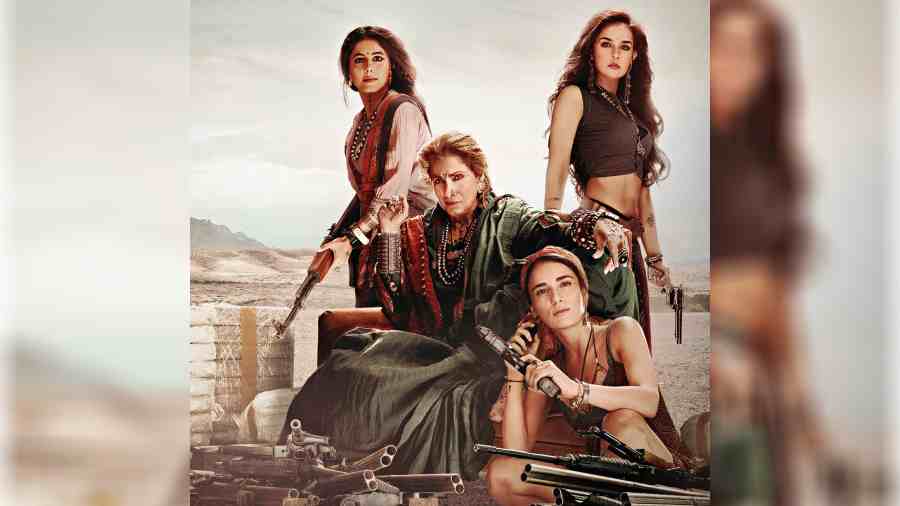 Dimple Kapadia (centre) flanked by Isha Talwar, Angira Dhar and Radhika Madan in Saas Bahu Aur Flamingo, streaming on Disney+Hotstar this Friday