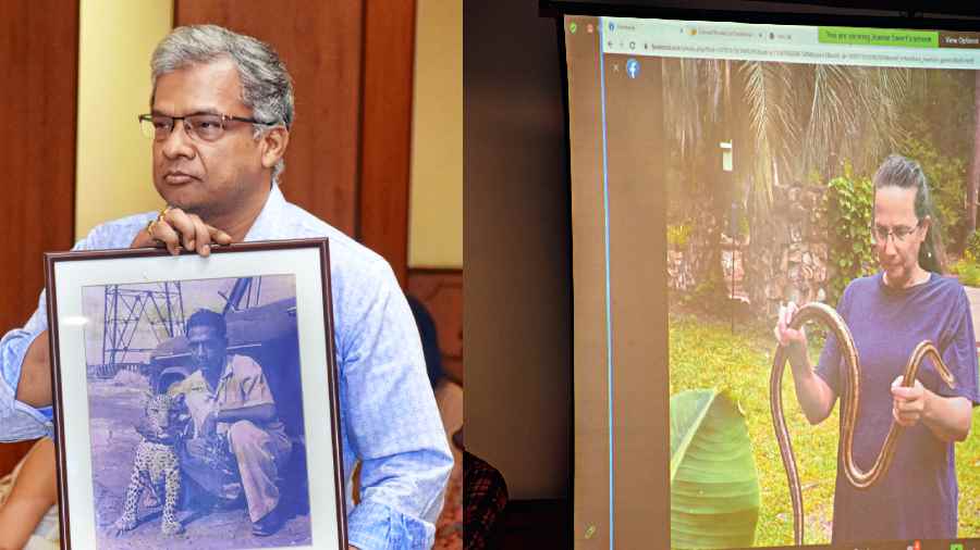 (l-r)Manoj Mohanka shows the photograph of his father with the leopard that he had befriended, Jeanne Carol Ewert of Florida with a snake that regularly visited her home