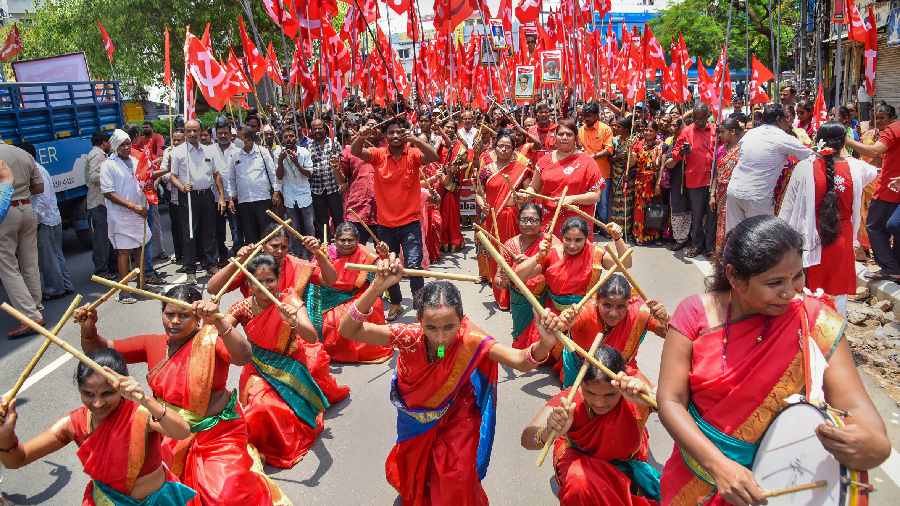 Centre of Indian Trade Unions (CITU) activists participate in a march on the occasion of International Workers' Day, in Hyderabad, Monday, May 1, 2023. 