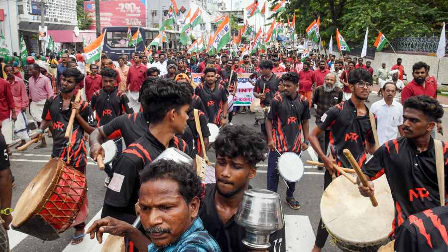 Indian National Trade Union Congress (INTUC) activists participate in a march on the occasion of International Workers' Day, in Thiruvananthapuram. 