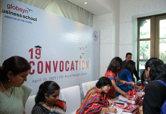 A busy Registration Desk at the 19th Convocation of Globsyn Business School (GBS) held at ITC Royal Bengal on April 30, 2023, where nearly 200 students were convocated. 