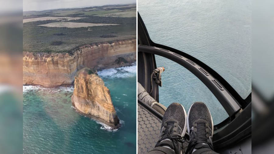 The (right) 16-minute chopper ride goes from (left) The 12 Apostles to a rock formation known as London Bridge or London Arch