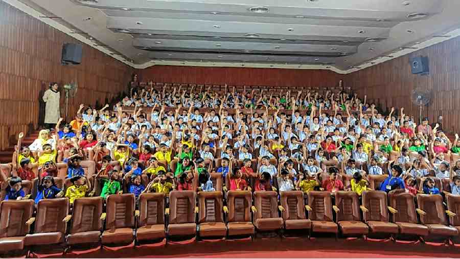 Primary section students of Abhinav Bharati High School at the Gyan Manch, where they were made to listen to various tunes