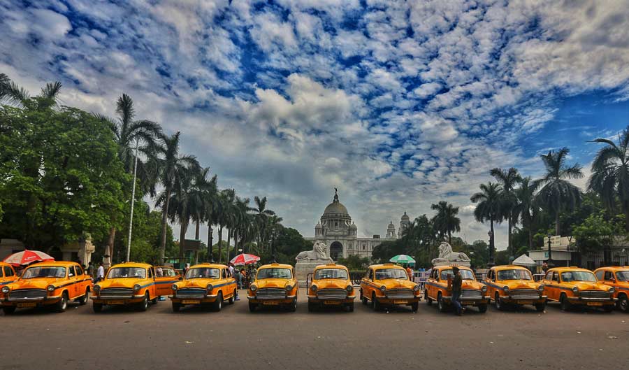 Kolkata’s iconic yellow taxis parked in front of Victoria Memorial for a film shooting on Thursday 