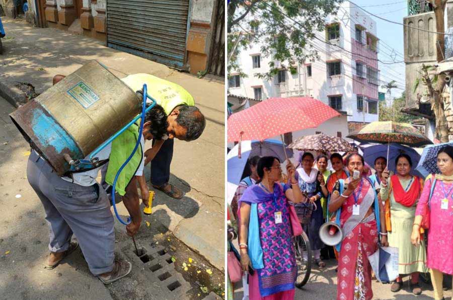Kolkata Municipal Corporation (KMC) workers went around the city on Friday as part of their  regular vector control programme to create mass awareness  