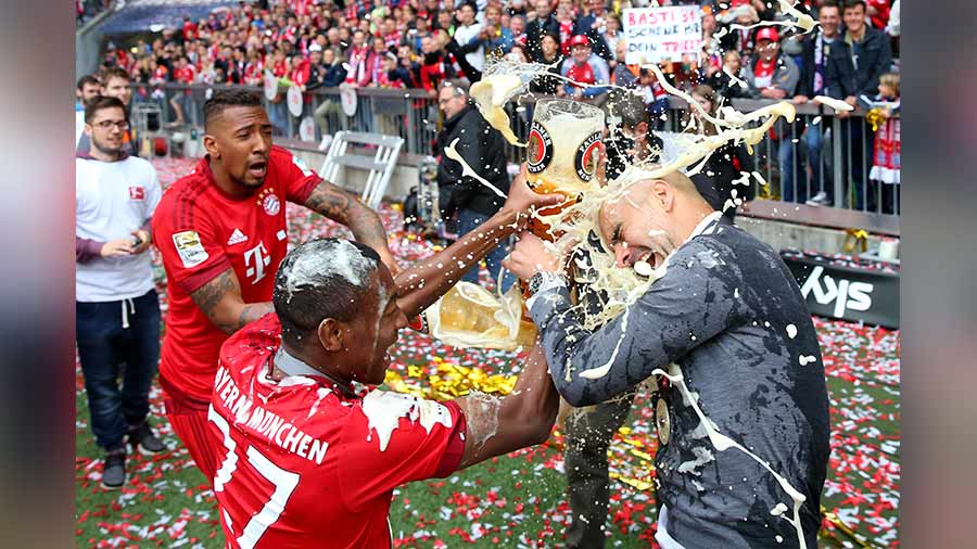 A players’ favourite: Pep celebrating with David Alaba and Jerome Boateng in Munich