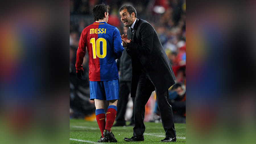 History in the making: Pep with Lionel Messi during a 2008-09 league match