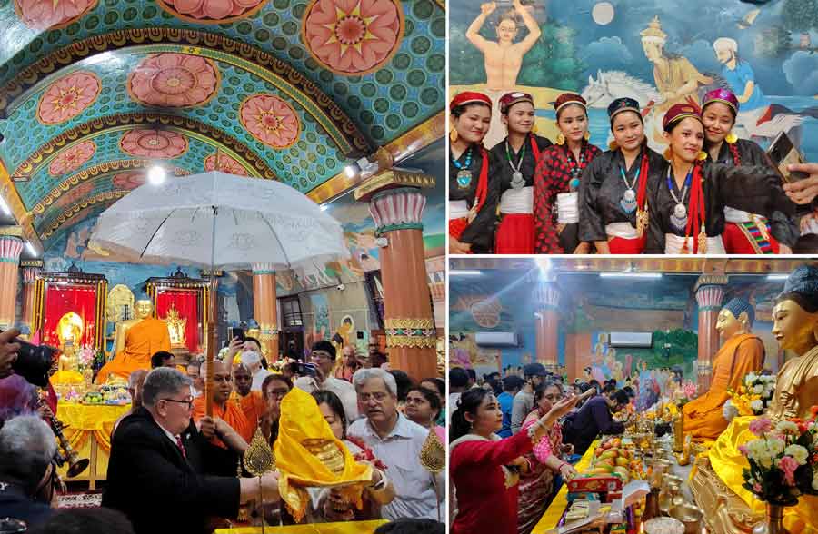 The occasion is celebrated by making traditional dishes like rice pudding and decorating homes and temples with colourful lanterns and flowers. Peter Cook, acting British deputy high commissioner to Kolkata offer prayers along with other devotees on the occasion of Buddha Purnima, at the Mahabodhi Society in Kolkata on Friday     Amit Datta