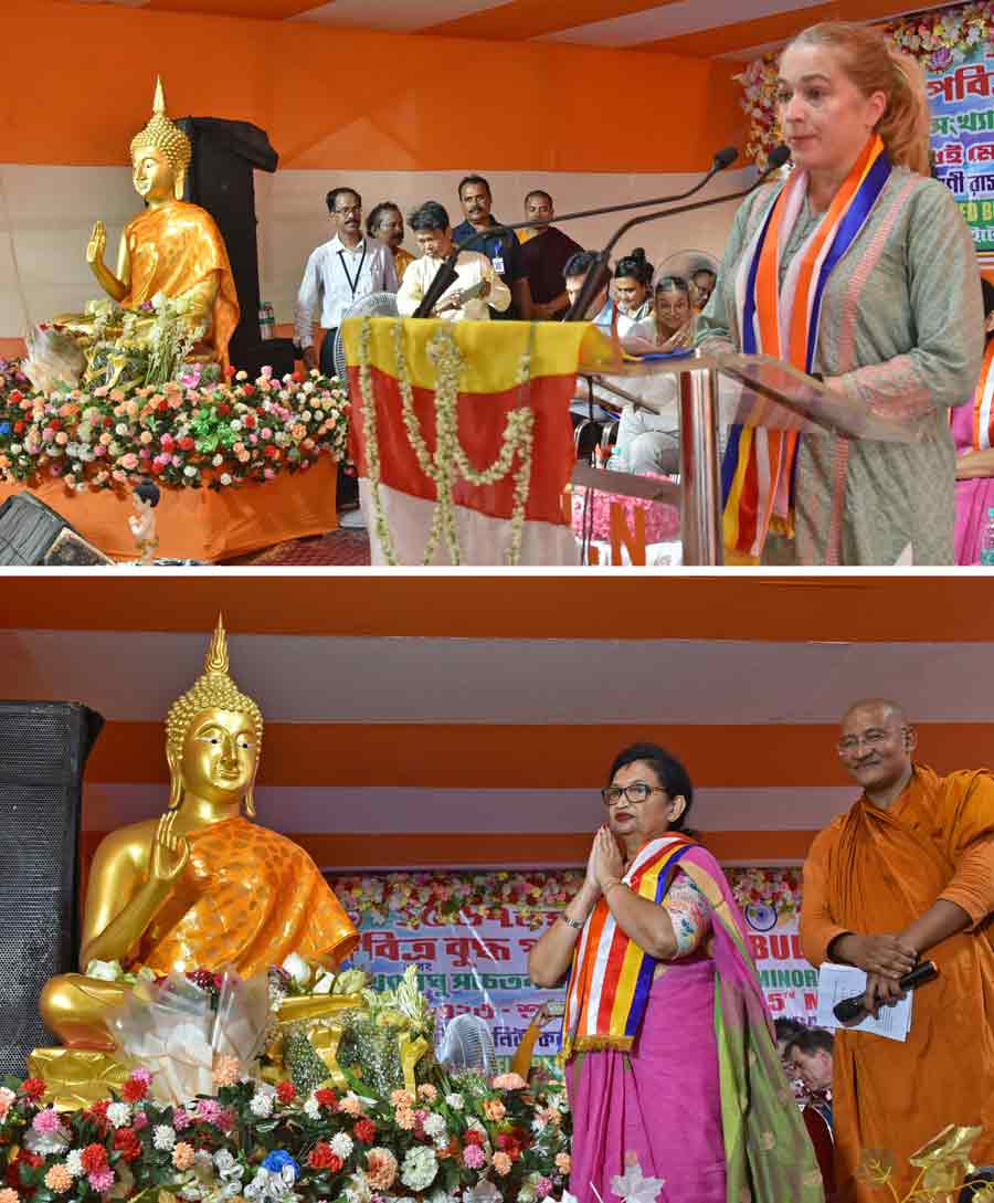 Anne M Vasquez, consular chief US Consulate Kolkata shares her views at a Buddhist meeting at Dufferin Road Kolkata. West Bengal finance minister Chadrima Bhattacharaya was also present on the occasion     
