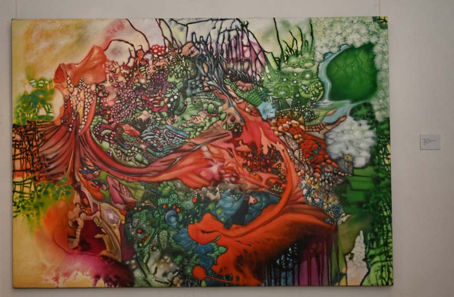 An acrylic-on-canvas work by Babu Xavier, an artist from Trivandram known for breathing life into his canvases with vivid colours and fantastical creatures