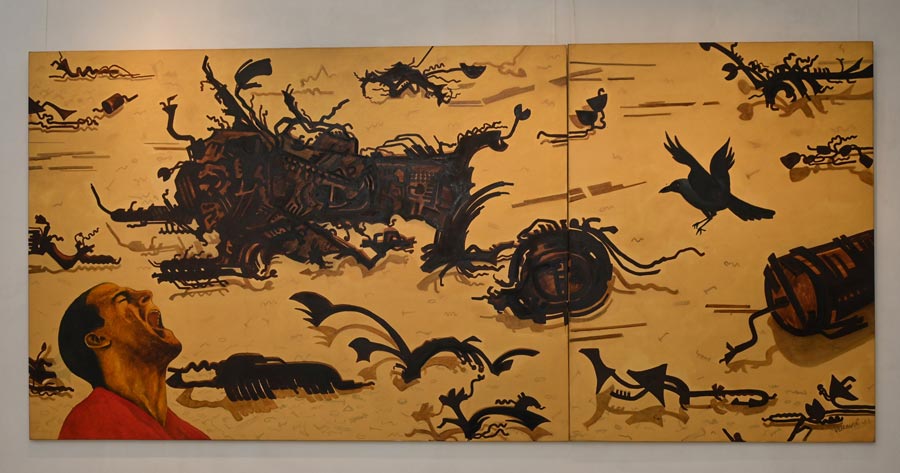 Artist Veer Munshi’s oil and acrylic on canvas titled 'Shrapnels'. Human suffering caused by social and political turmoil is a recurrent theme in the works of the artist from Kashmir  